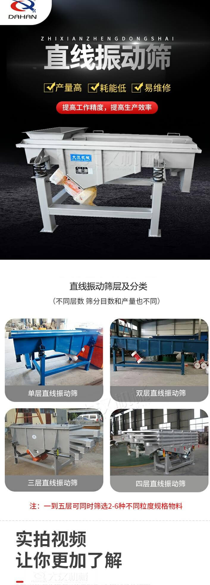 直線振動(dòng)篩概述，產(chǎn)量高，耗能低，易維修，提高工作精度，提高生產(chǎn)效率，直線振動(dòng)篩層級(jí)分類(lèi)：不同層數(shù)，篩分目數(shù)和產(chǎn)量也不同：?jiǎn)螌?，雙層，三層，四層等。